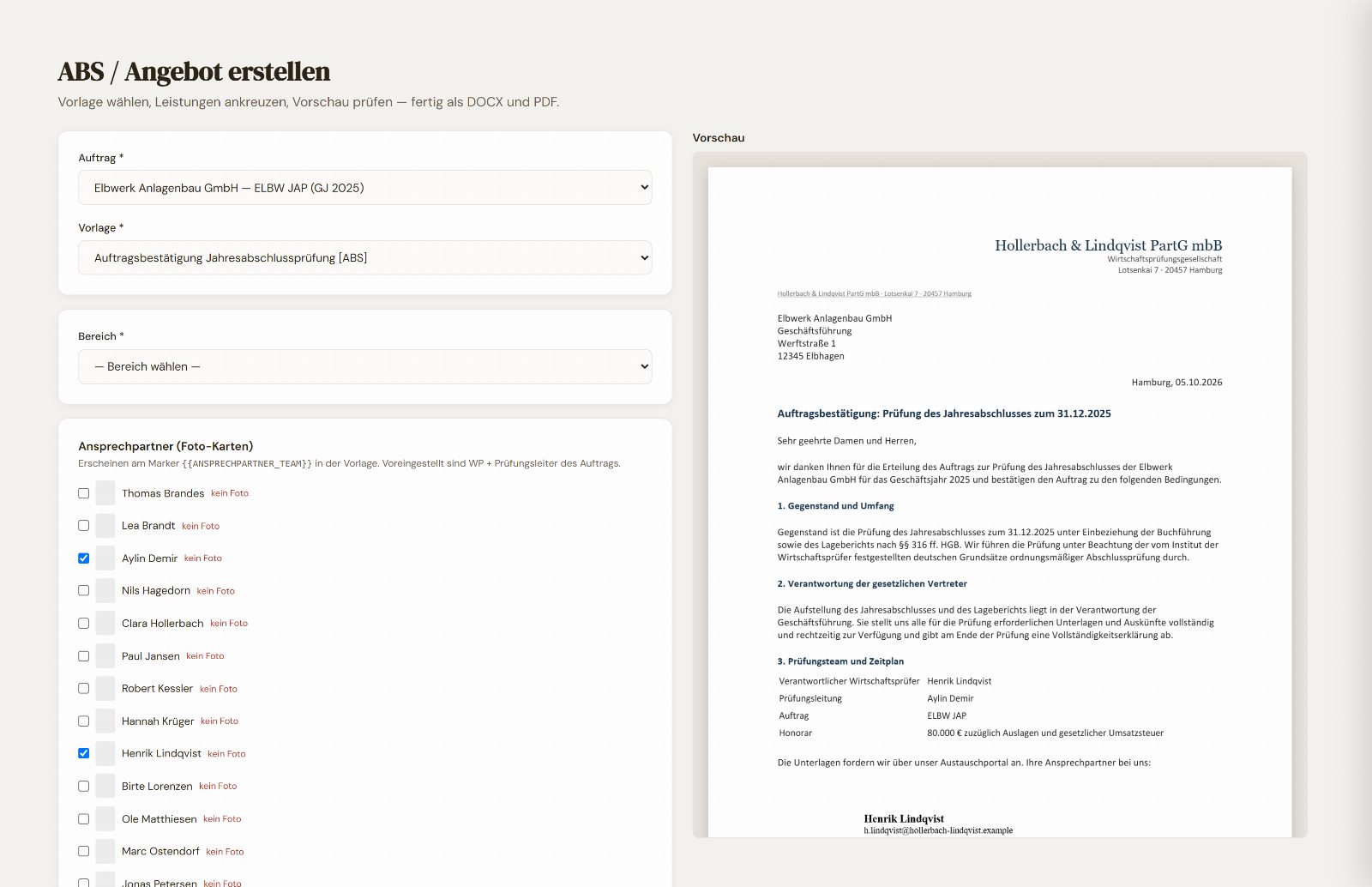 ABS-Schreiben: Aus Ihrer Word-Vorlage: Mandant, Anschrift, Team und Stichtag setzt Numeriqa selbst ein.